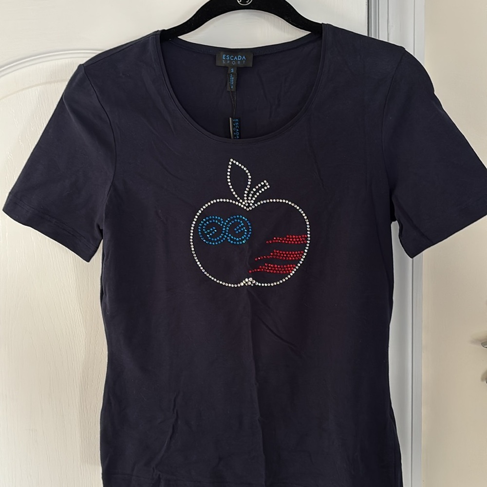 ESCADA LADIES NAVY BLUE CRYSTAL APPLE T SHIRT-S